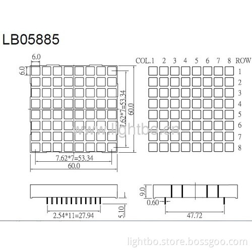 Red/green 2.4-inch 6mm 8 X 8 Square Dot Matrix Led Display, 60x60x9mm,used For Queue Management Systems,message Boards 